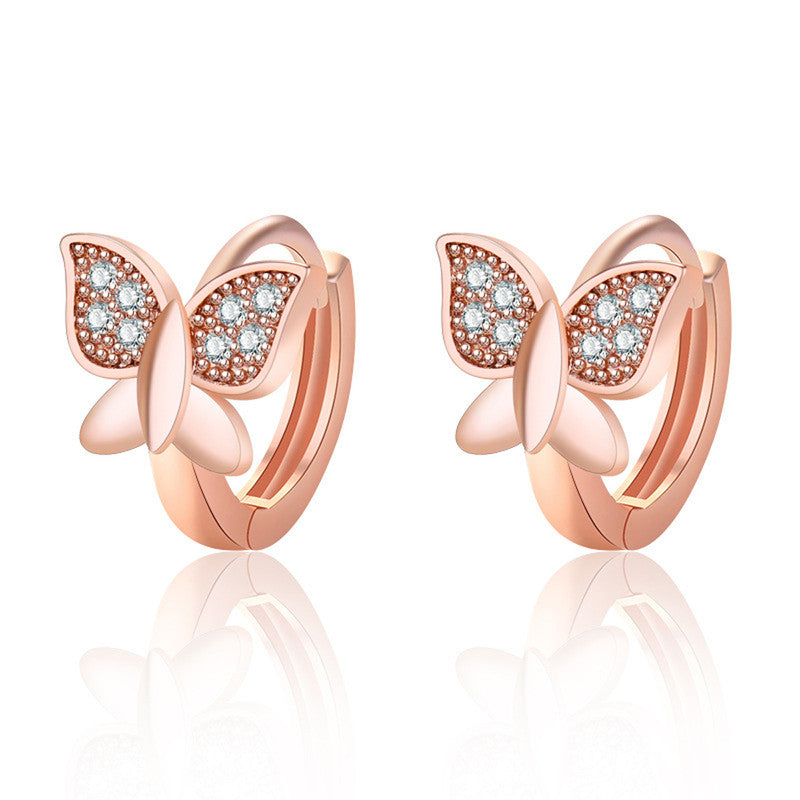 Rose Gold Plated American Diamond Studded Butterfly Shape Korean Hoop Earrings