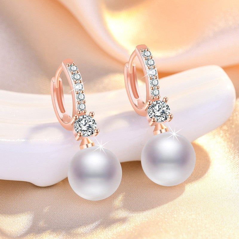 Rose Gold Plated American Diamond Studded Contemporary Pearl Korean Drop Earrings