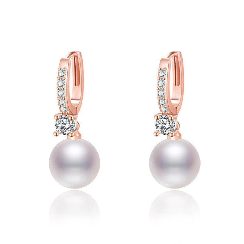 Rose Gold Plated American Diamond Studded Contemporary Pearl Korean Drop Earrings