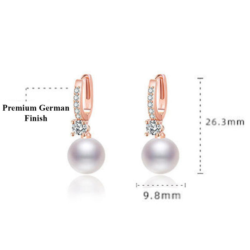 Rose Gold Plated American Diamond Studded Contemporary Pearl Korean Drop Earrings