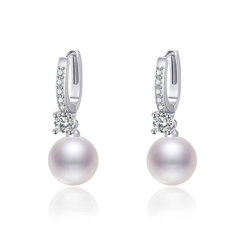 Silver Plated American Diamond Studded Contemporary Pearl Korean Drop Earrings