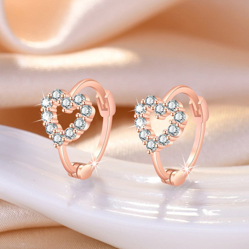 Rose Gold Plated American Diamond Studded Heart Shape Hoop Earrings