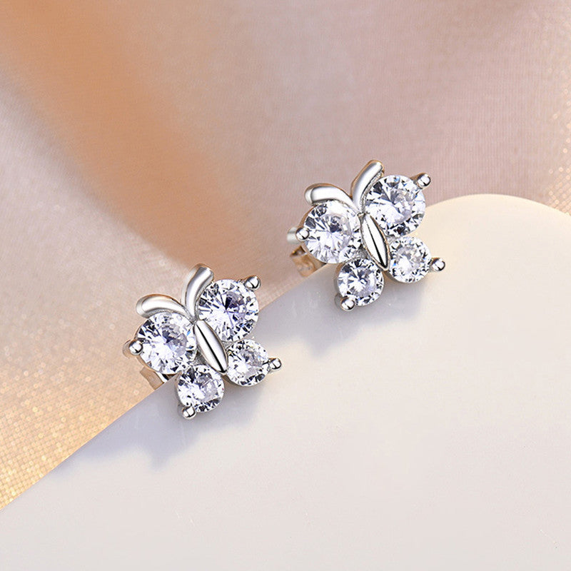 Silver Plated American Diamond Studded Butterfly Shape Korean Hoop Earrings