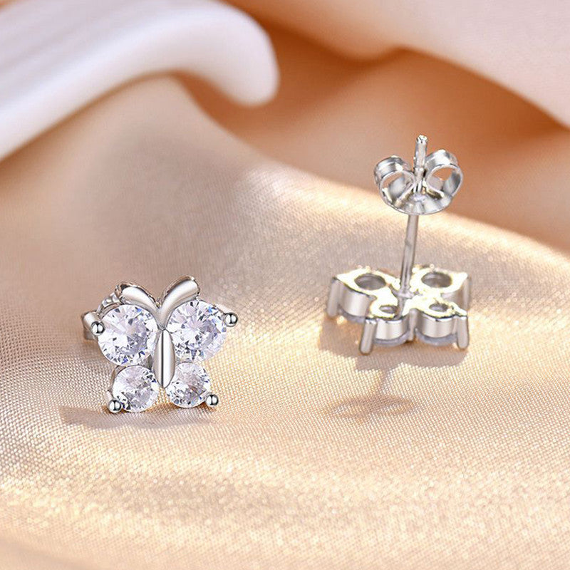 Silver Plated American Diamond Studded Butterfly Shape Korean Hoop Earrings