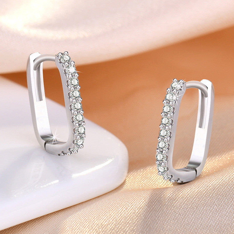 Silver Plated American Diamond Studded Geometrical Korean Hoop Earrings