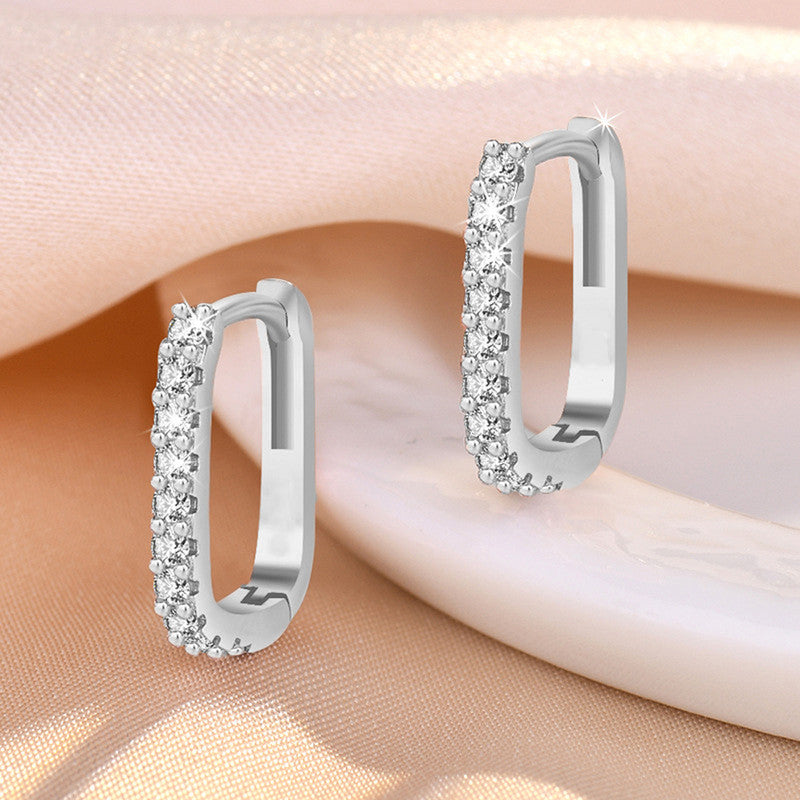 Silver Plated American Diamond Studded Geometrical Korean Hoop Earrings