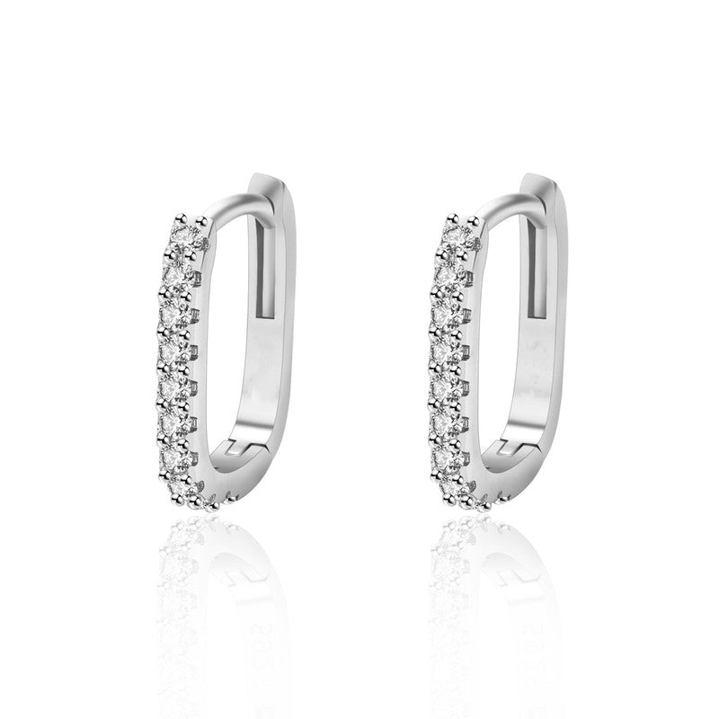 Silver Plated American Diamond Studded Geometrical Korean Hoop Earrings