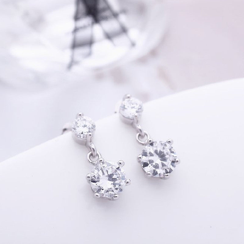 Silver Plated American Diamond Studded Hexagon Shape Korean Drop Earrings