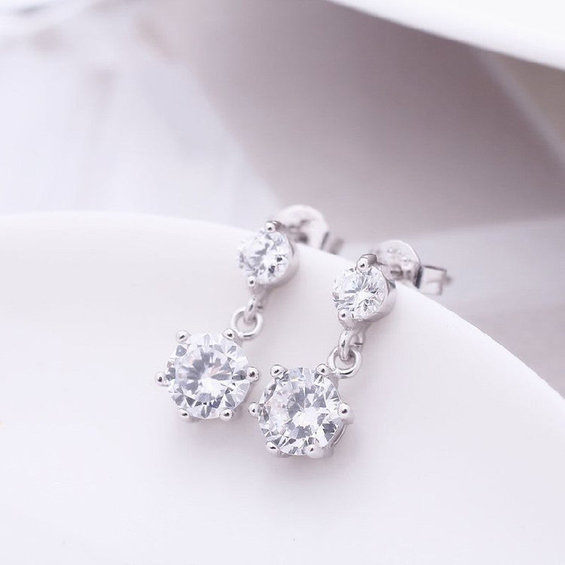 Silver Plated American Diamond Studded Hexagon Shape Korean Drop Earrings