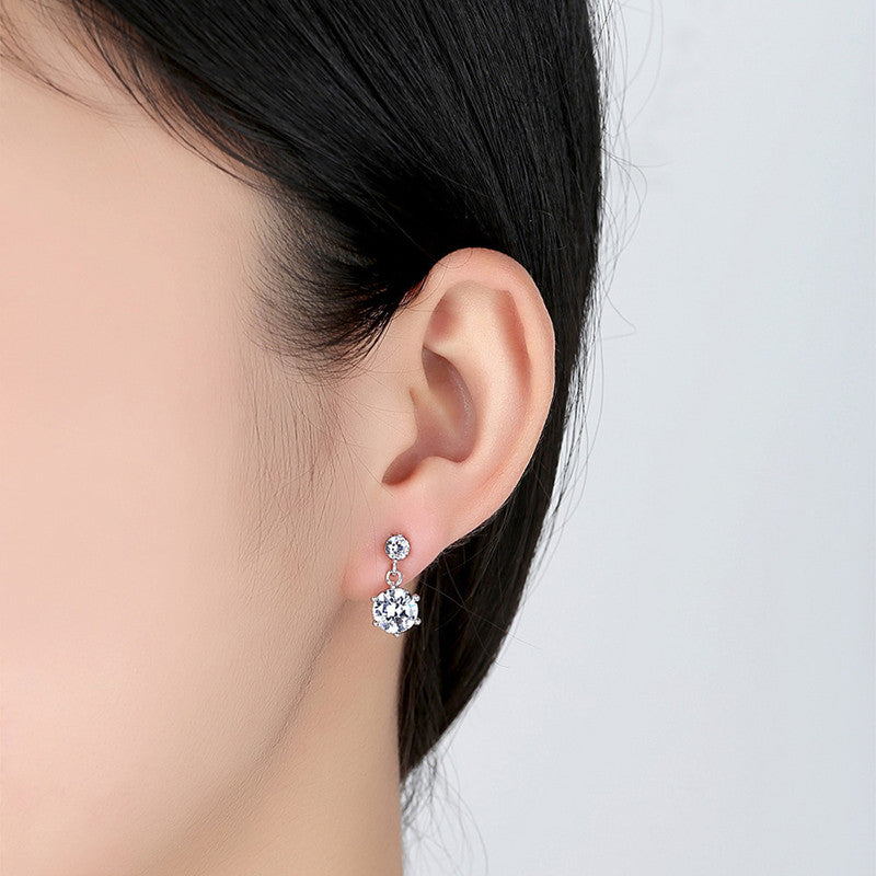 Silver Plated American Diamond Studded Hexagon Shape Korean Drop Earrings