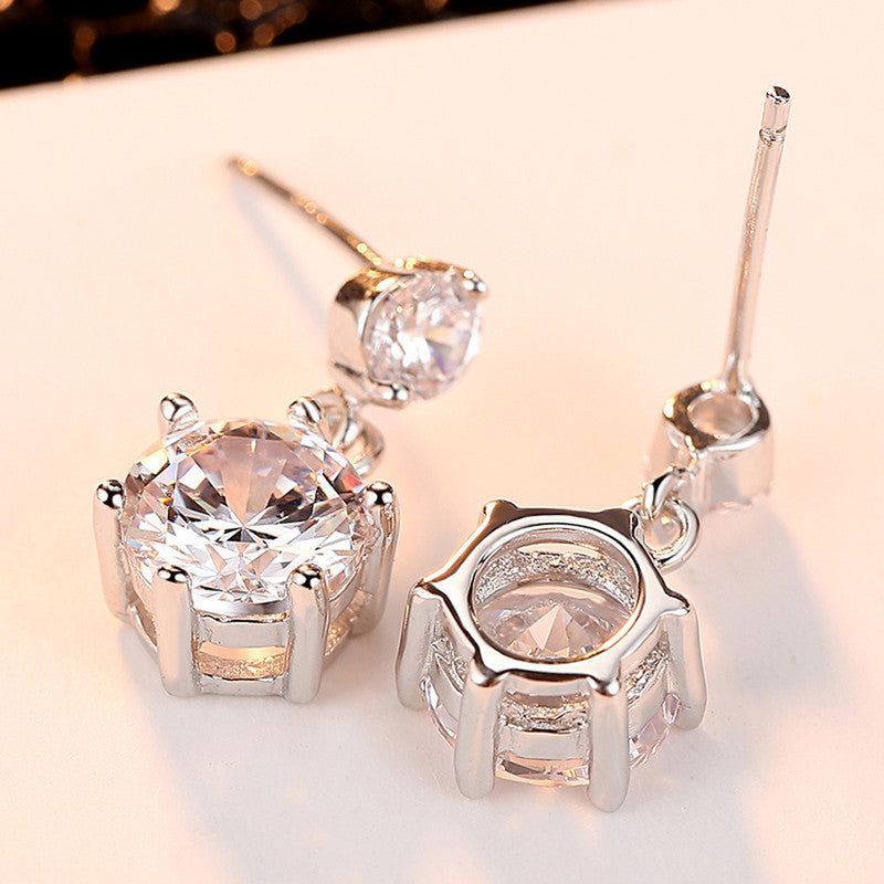 Silver Plated American Diamond Studded Hexagon Shape Korean Drop Earrings