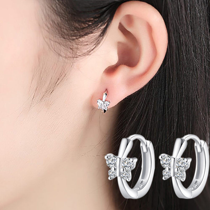 Silver Plated American Diamond Studded Butterfly Shape Korean Hoop Earrings