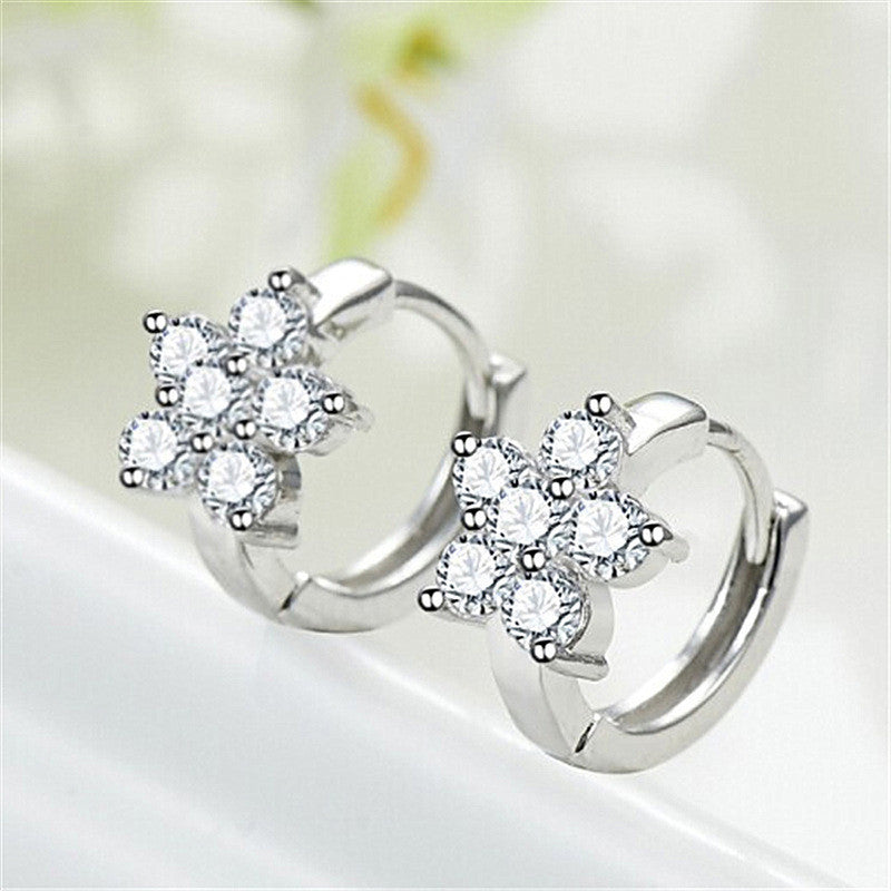 Silver Plated American Diamond Studded Floral Korean Hoop Earrings