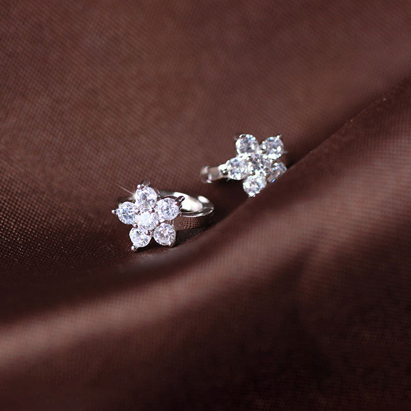 Silver Plated American Diamond Studded Floral Korean Hoop Earrings