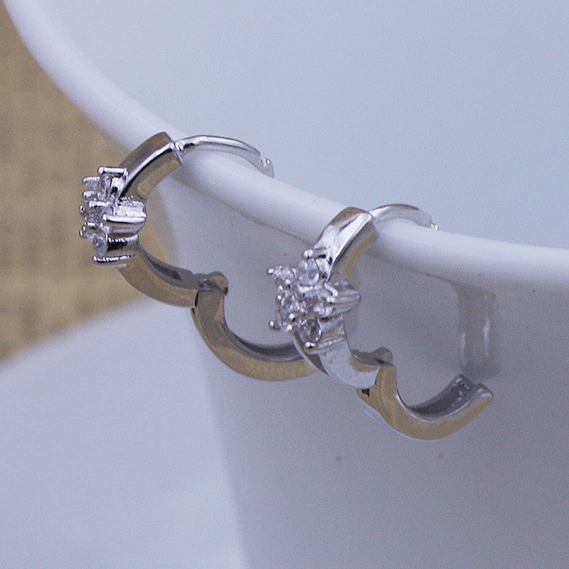 Silver Plated American Diamond Studded Floral Korean Hoop Earrings