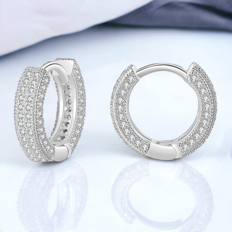 Silver Plated Anti Tarnish Cubic Zirconia Studded Micro Inlay Hip Hop Hoop Earrings