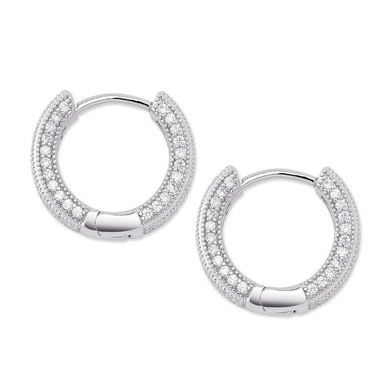 Silver Plated Anti Tarnish Cubic Zirconia Studded Micro Inlay Hip Hop Hoop Earrings