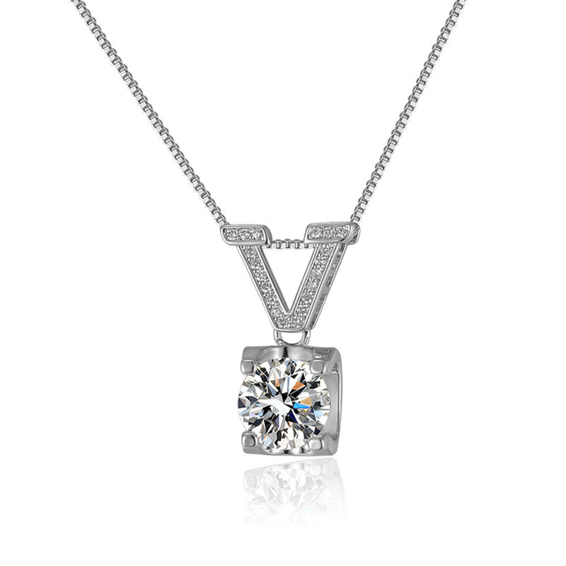 Silver Plated Crystal Studded V Shape Circular Solitaire Pendant