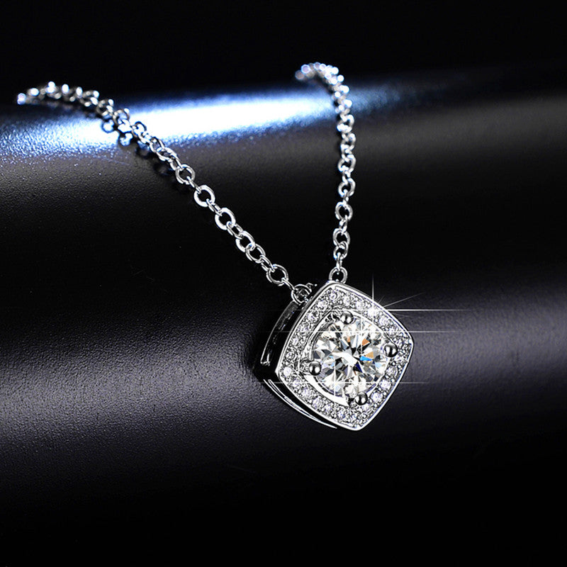 Silver Plated Crystal Studded Square Shape Anti Tarnish Solitaire Pendant