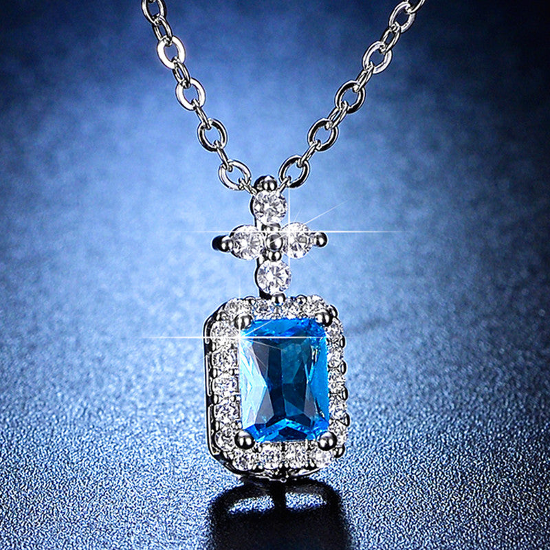 Silver Plated Crystal Studded Geometrical Blue Stone Anti Tarnish Solitaire Pendant