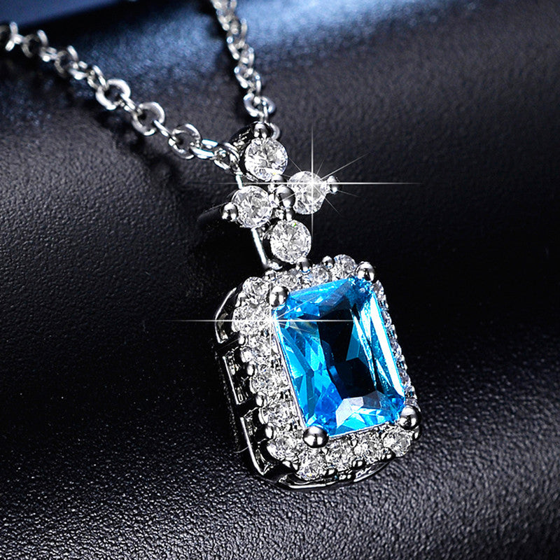 Silver Plated Crystal Studded Geometrical Blue Stone Anti Tarnish Solitaire Pendant