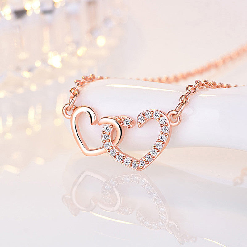 Rose Gold Plated American Diamond Studded Dual Heart Contemporary Korean Pendant