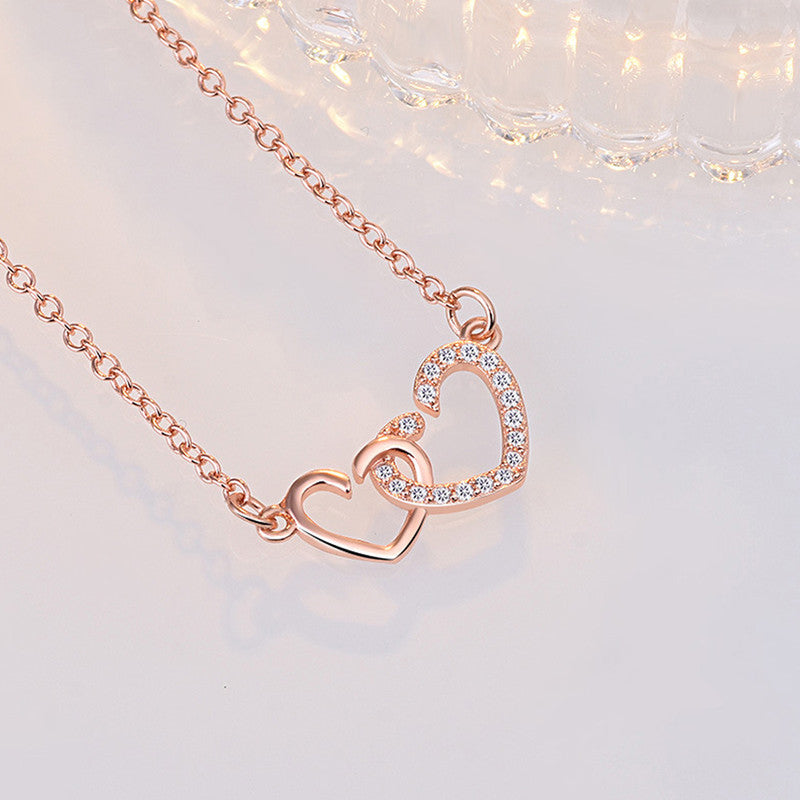 Rose Gold Plated American Diamond Studded Dual Heart Contemporary Korean Pendant