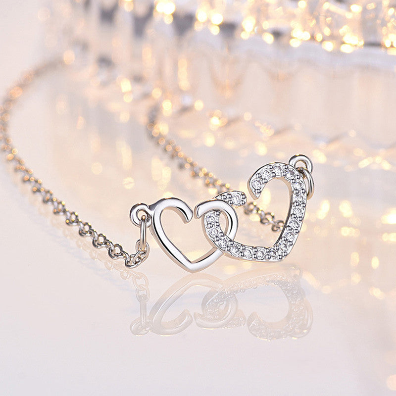 Silver Plated American Diamond Studded Dual Heart Contemporary Korean Pendant