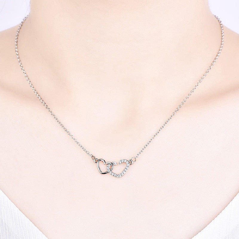 Silver Plated American Diamond Studded Dual Heart Contemporary Korean Pendant