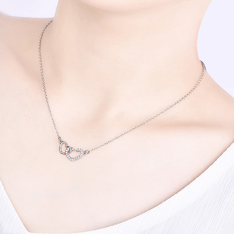 Silver Plated American Diamond Studded Dual Heart Contemporary Korean Pendant