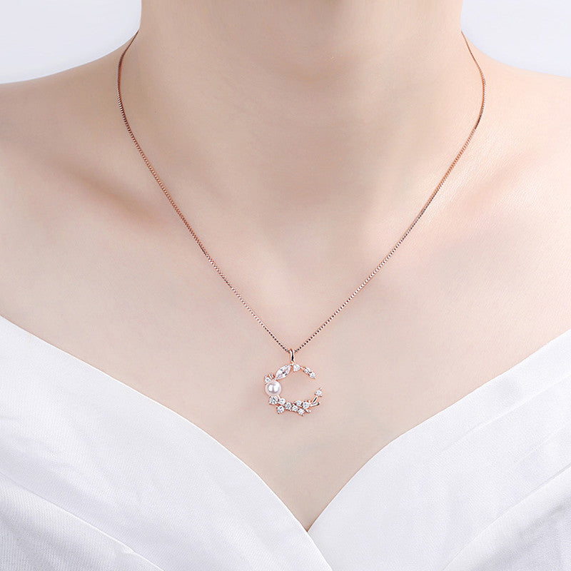 Rose Gold Plated American Diamond Studded Moon Shape Contemporary Korean Pendant