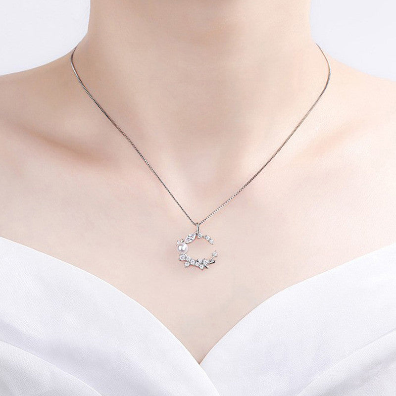 Silver Plated American Diamond Studded Moon Shape Contemporary Korean Pendant