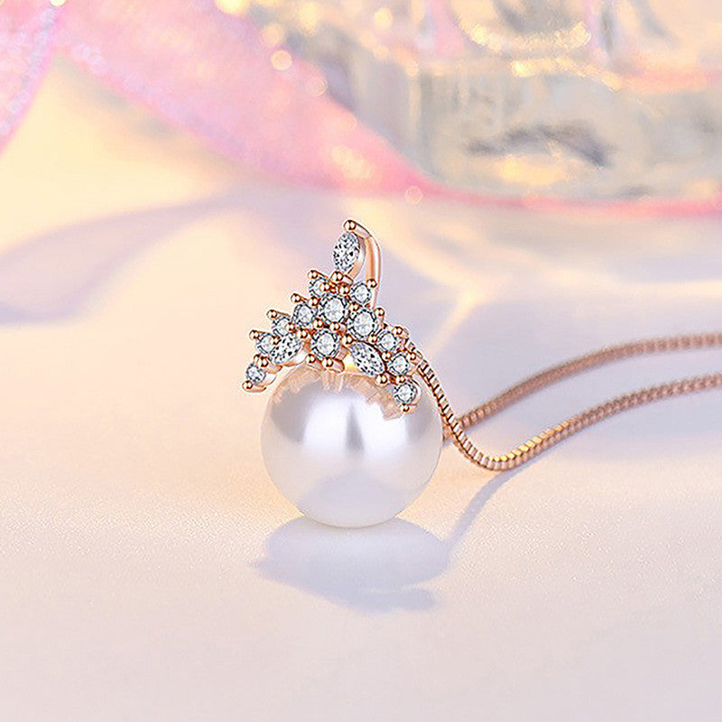 Rose Gold Plated American Diamond Studded Crown Like Pearl Studded Korean Pendant