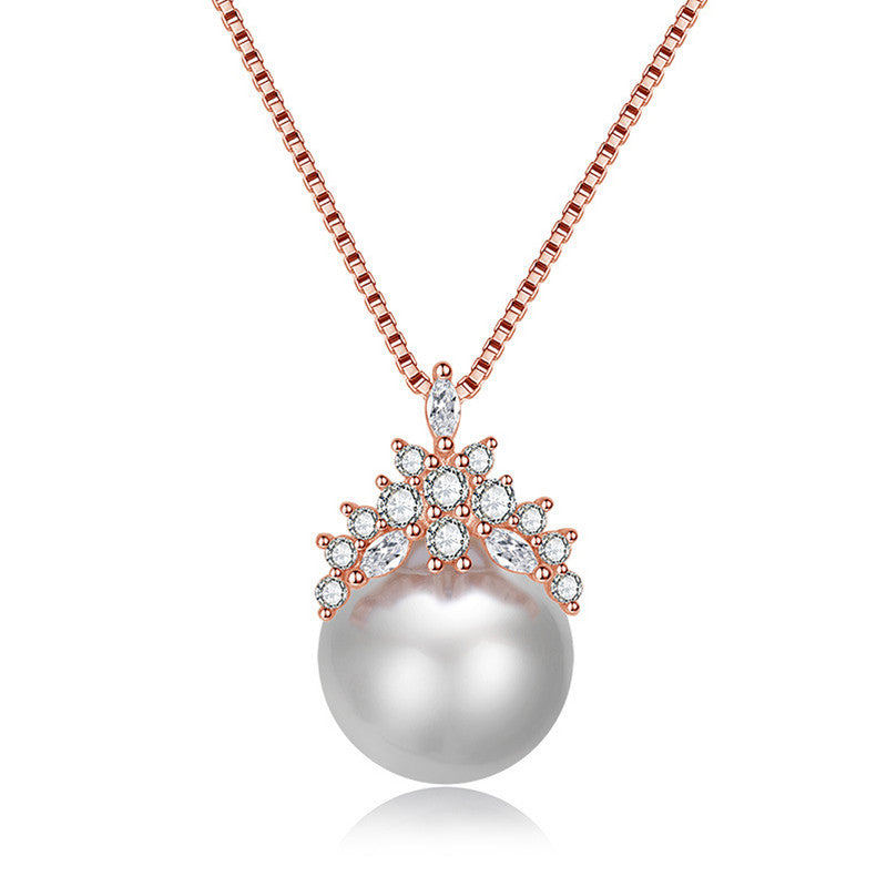 Rose Gold Plated American Diamond Studded Crown Like Pearl Studded Korean Pendant