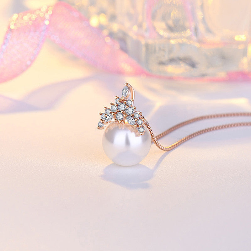 Rose Gold Plated American Diamond Studded Crown Like Pearl Studded Korean Pendant