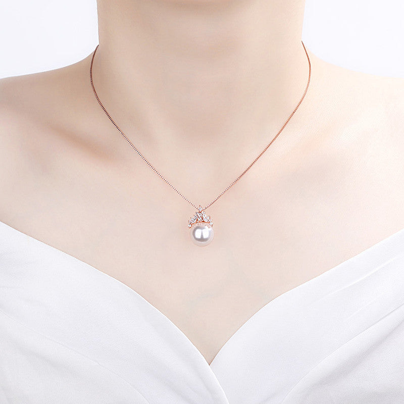 Rose Gold Plated American Diamond Studded Crown Like Pearl Studded Korean Pendant