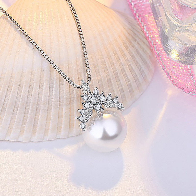 Silver Plated American Diamond Studded Crown Like Pearl Studded Korean Pendant