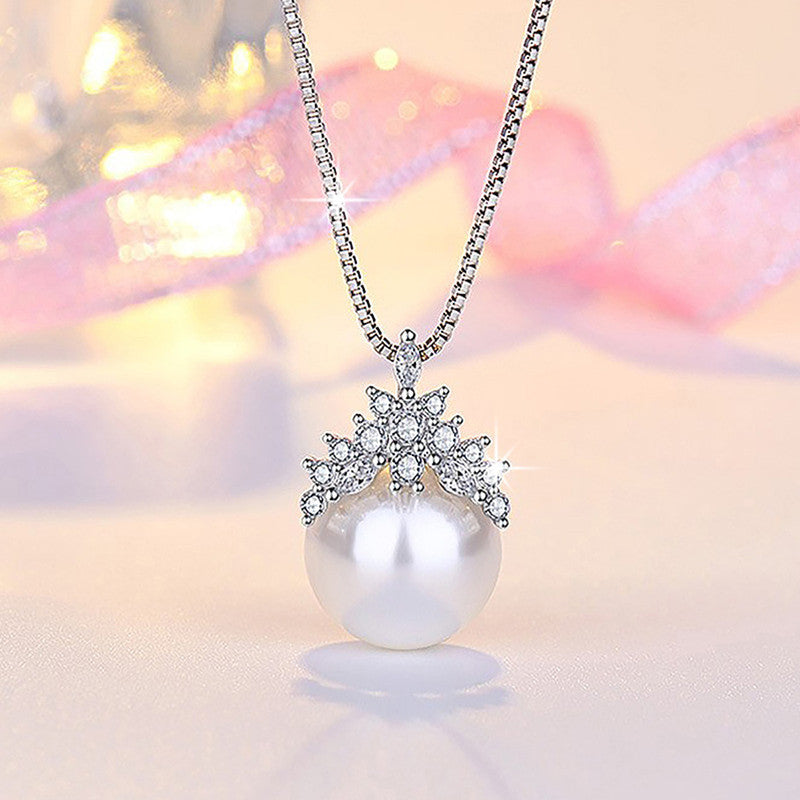 Silver Plated American Diamond Studded Crown Like Pearl Studded Korean Pendant