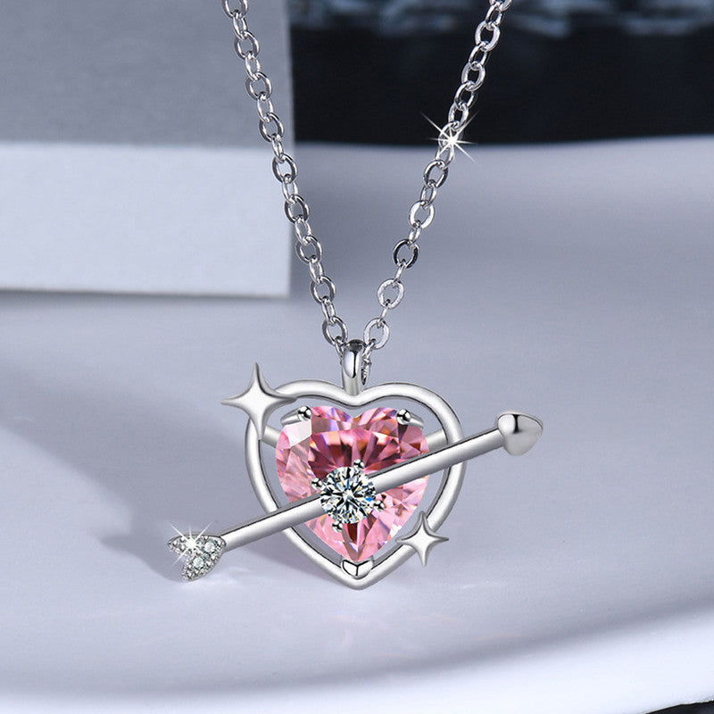 Silver Plated American Diamond Studded Pink Heart Themed Pendant