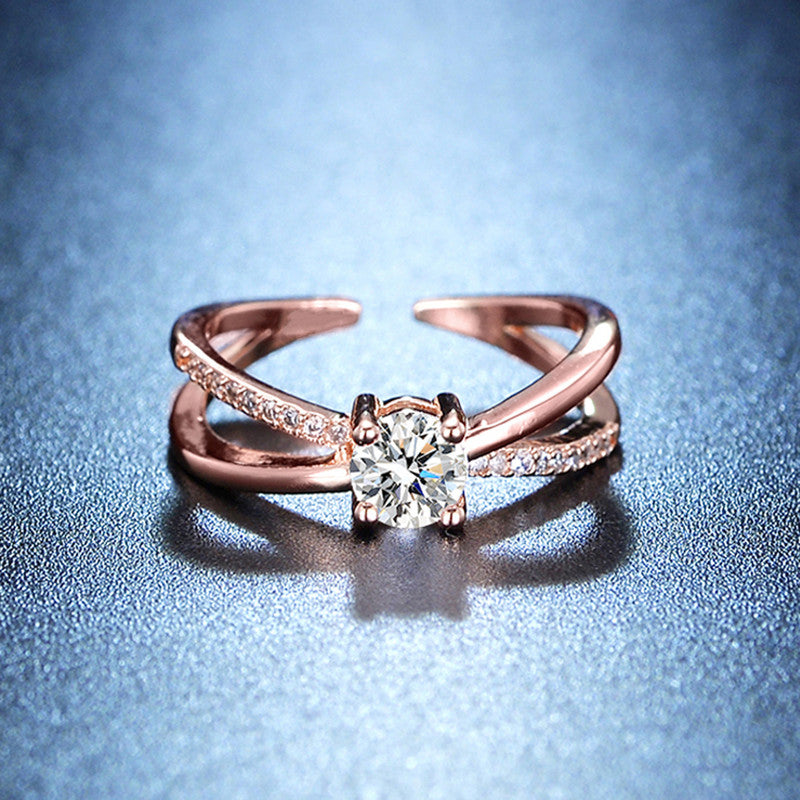 Rose Gold Plated American Diamond Studded Cross Shape Adjustable Finger Ring - MySmartBazaar