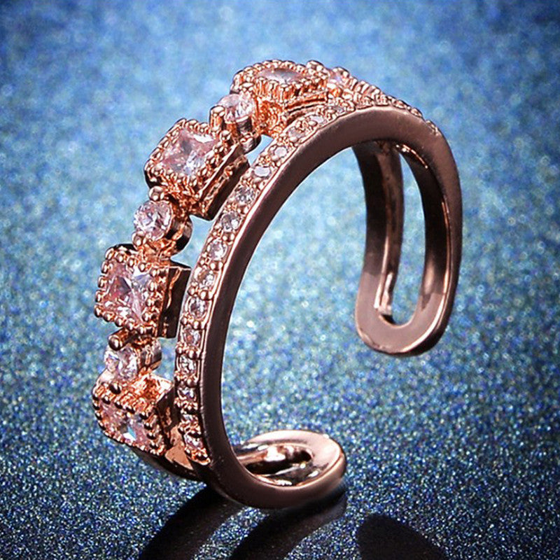 Rose Gold Plated American Diamond Studded Square Checkered Adjustable Finger Ring