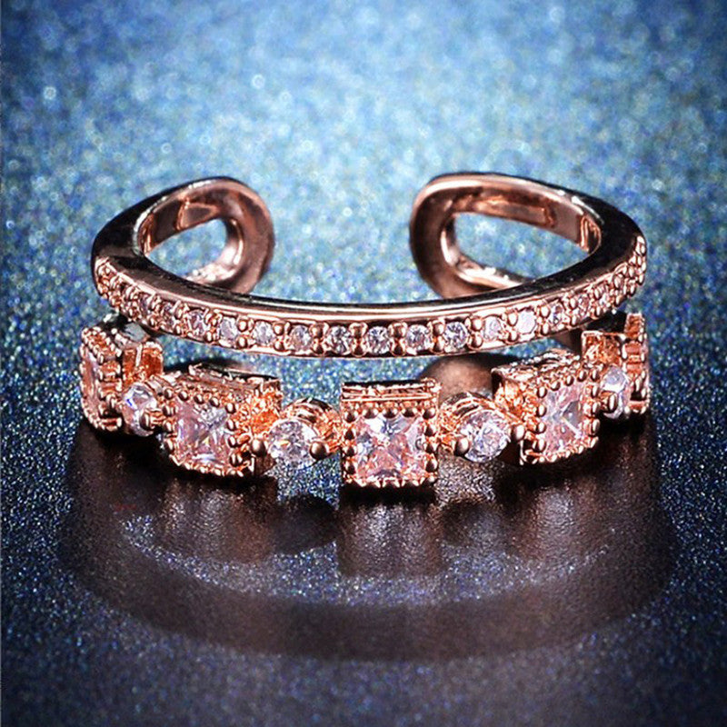 Rose Gold Plated American Diamond Studded Square Checkered Adjustable Finger Ring