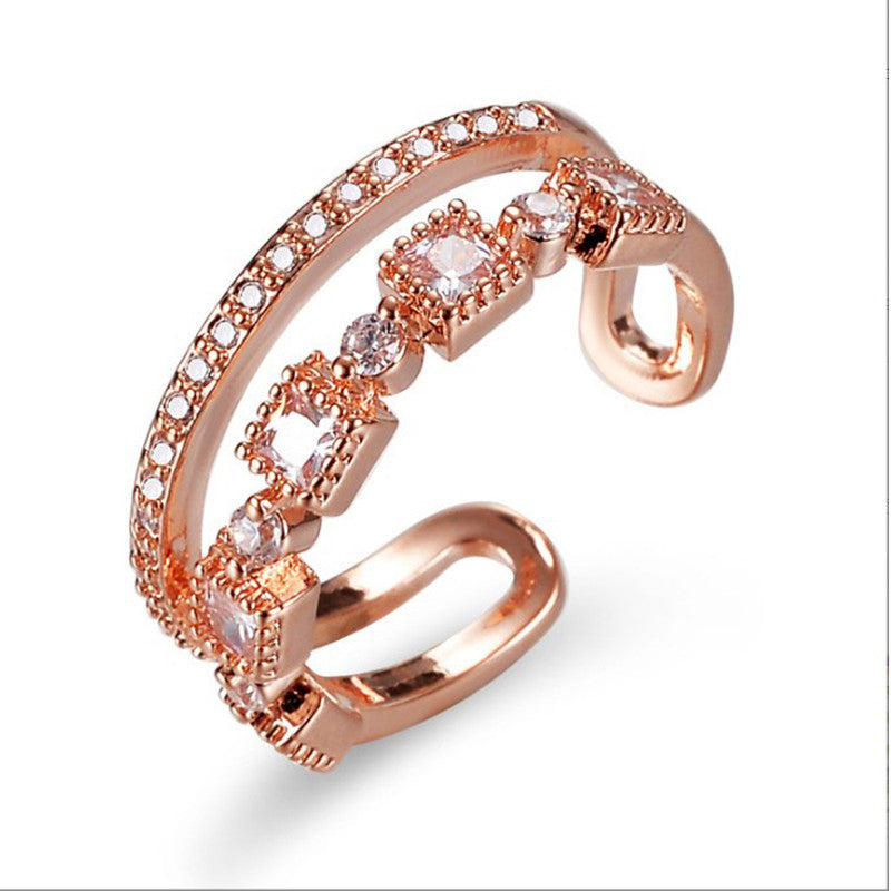 Rose Gold Plated American Diamond Studded Square Checkered Adjustable Finger Ring