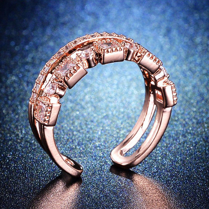 Rose Gold Plated American Diamond Studded Square Checkered Adjustable Finger Ring