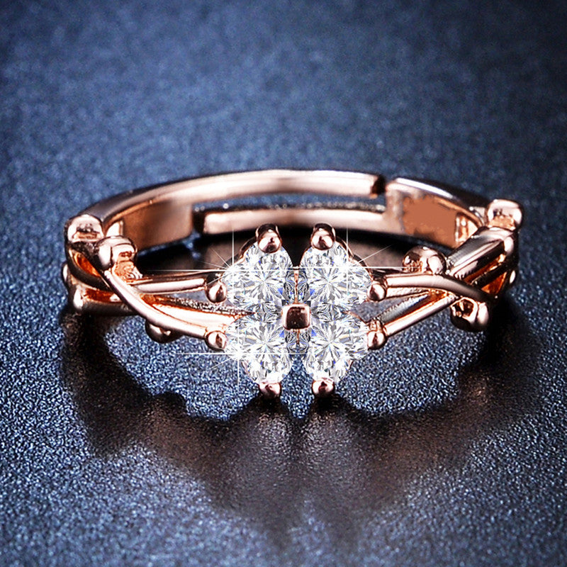 Rose Gold Plated American Diamond Studded Floral Contemporary Adjustable Finger Ring - MySmartBazaar