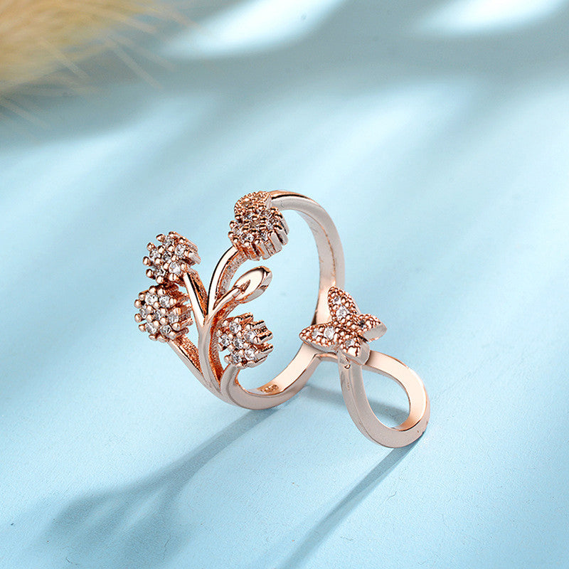 Rose Gold Plated American Diamond Studded Contemporary Korean Finger Ring