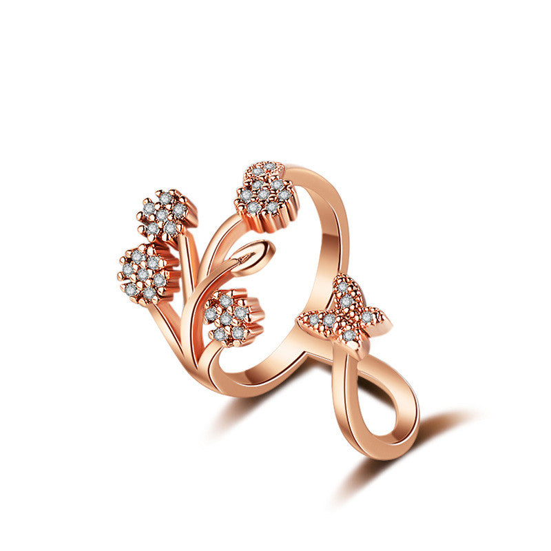 Rose Gold Plated American Diamond Studded Contemporary Korean Finger Ring