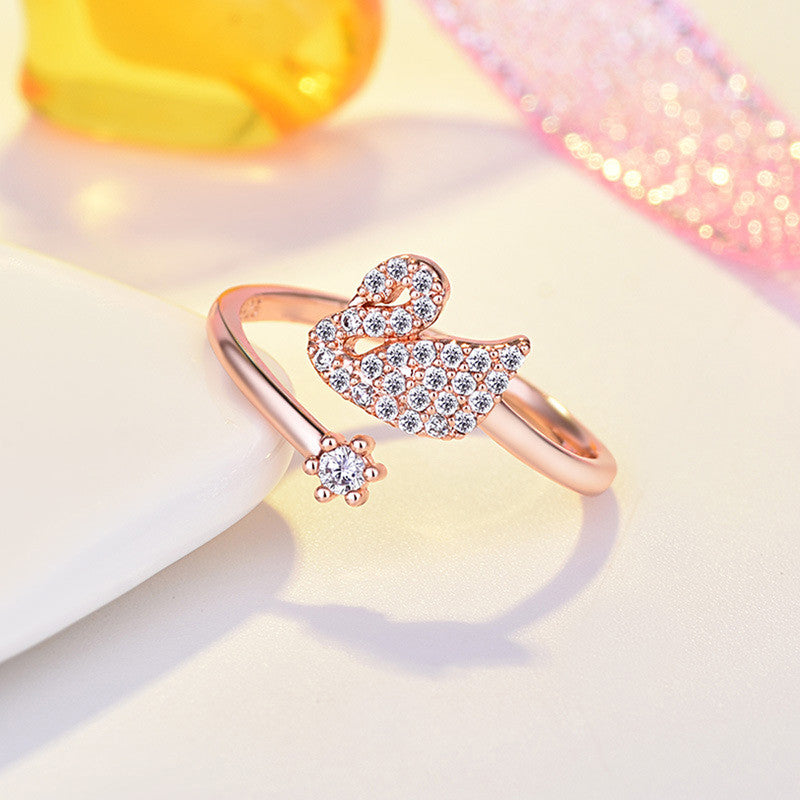 Rose Gold Plated American Diamond Studded Swan Shape Contemporary Korean Finger Ring