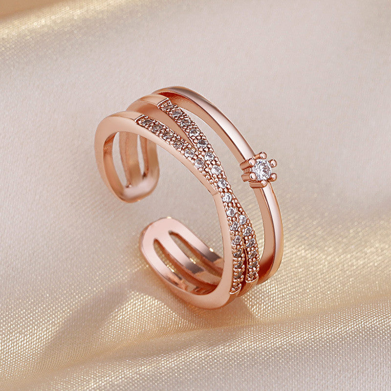 Rose Gold Plated American Diamond Studded Contemporary Korean Finger Ring