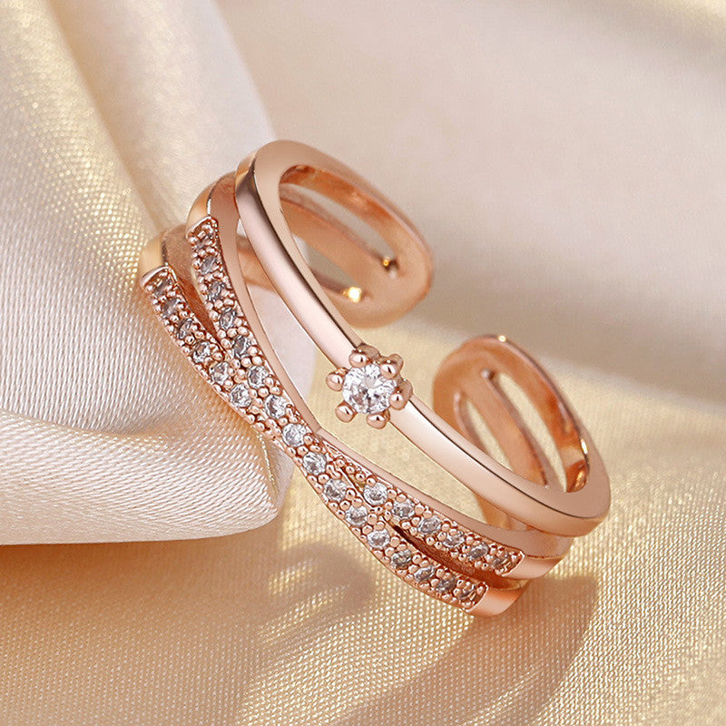 Rose Gold Plated American Diamond Studded Contemporary Korean Finger Ring